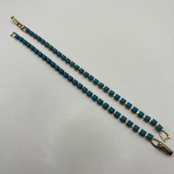Vintage Beaded Bracelets Set of Two Cabochon Teal Stones Prong Set Gold Tone - Picture 3 of 6